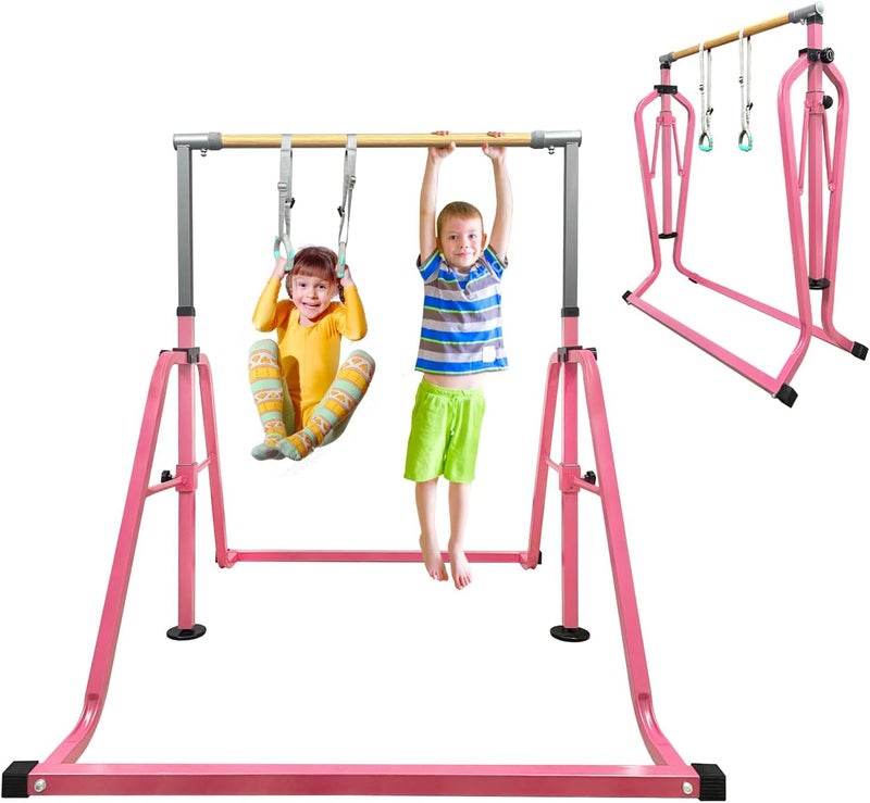 GLANT Gymnastics Bar for Kids with Rings Set, 7 Heights Adjustable Easy Folding Gymnastic Training Bar Kids Monkey Horizontal Bars - Max Load 300LBS - Image 1